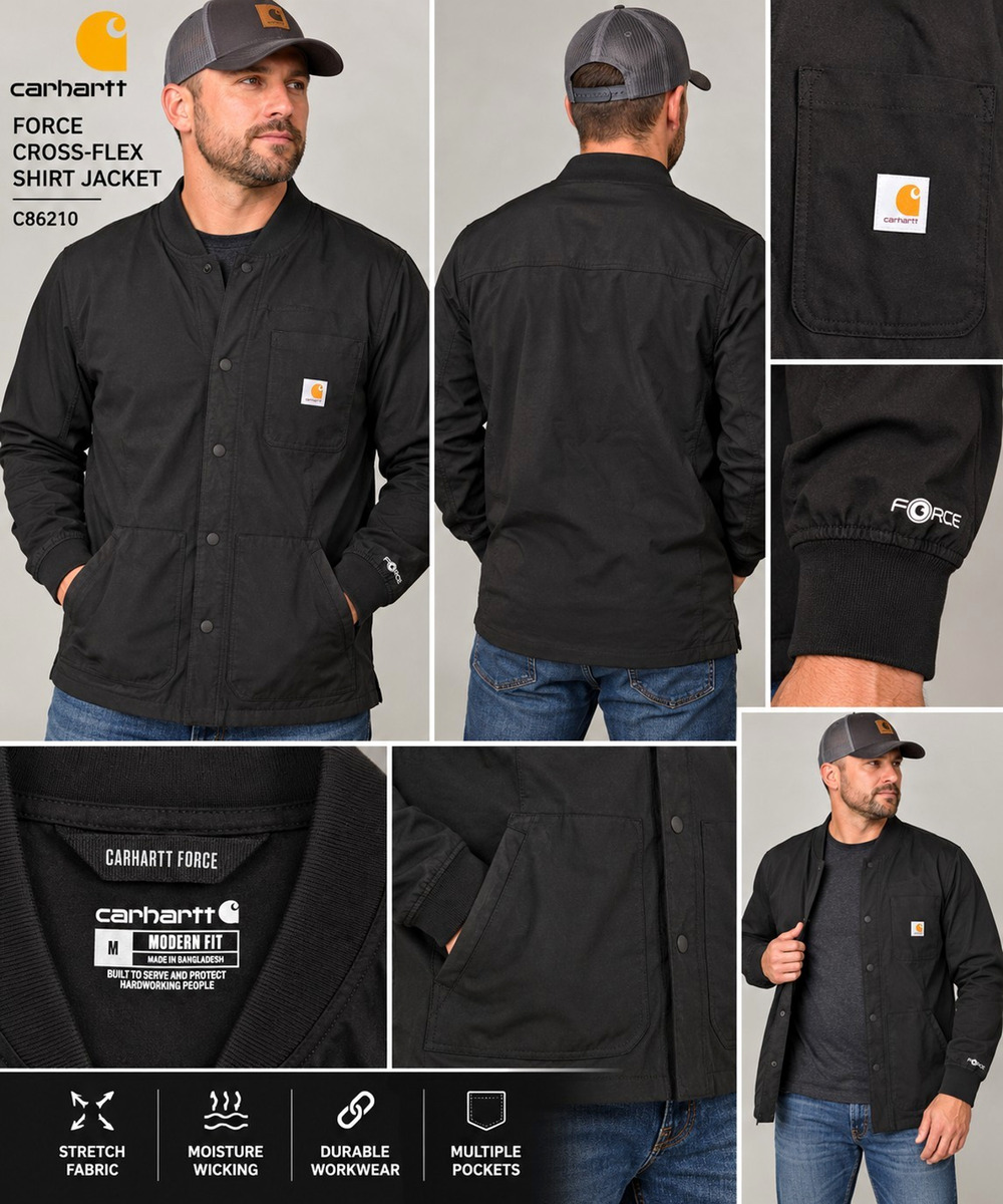 Carhartt Force Cross-Flex C86210 Shirt Jacket Men’s M Black Modern Fit Workwear